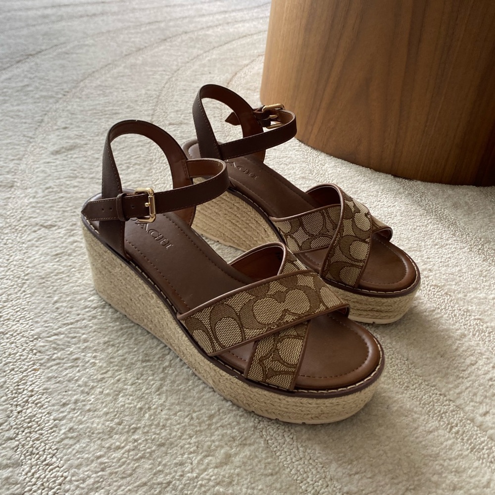 Coach Platform Sandals Wedges, color brown